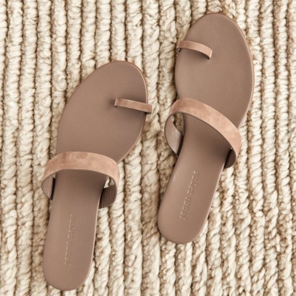 JENNI KAYNE Oiled Leather Strap Sandal Taupe Suede Flat